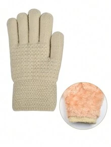 Children's Ages 0-10 Double Ball Fur-Like Rabbit Hair Knitted Set With Thermal Lined And Scarf, 3 Pieces Set For Christmas Gift - Beige - View 10