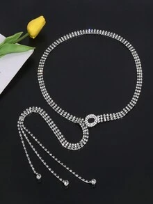 小圓形三排豪華女士金屬腰鏈 - 銀色 - 查看 7