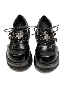 女性十字柳釘裝飾厚底鞋,帶鞋帶扣的y2k亞文化龐克哥德羅莉塔風鞋款 - 黑色 - 查看 1
