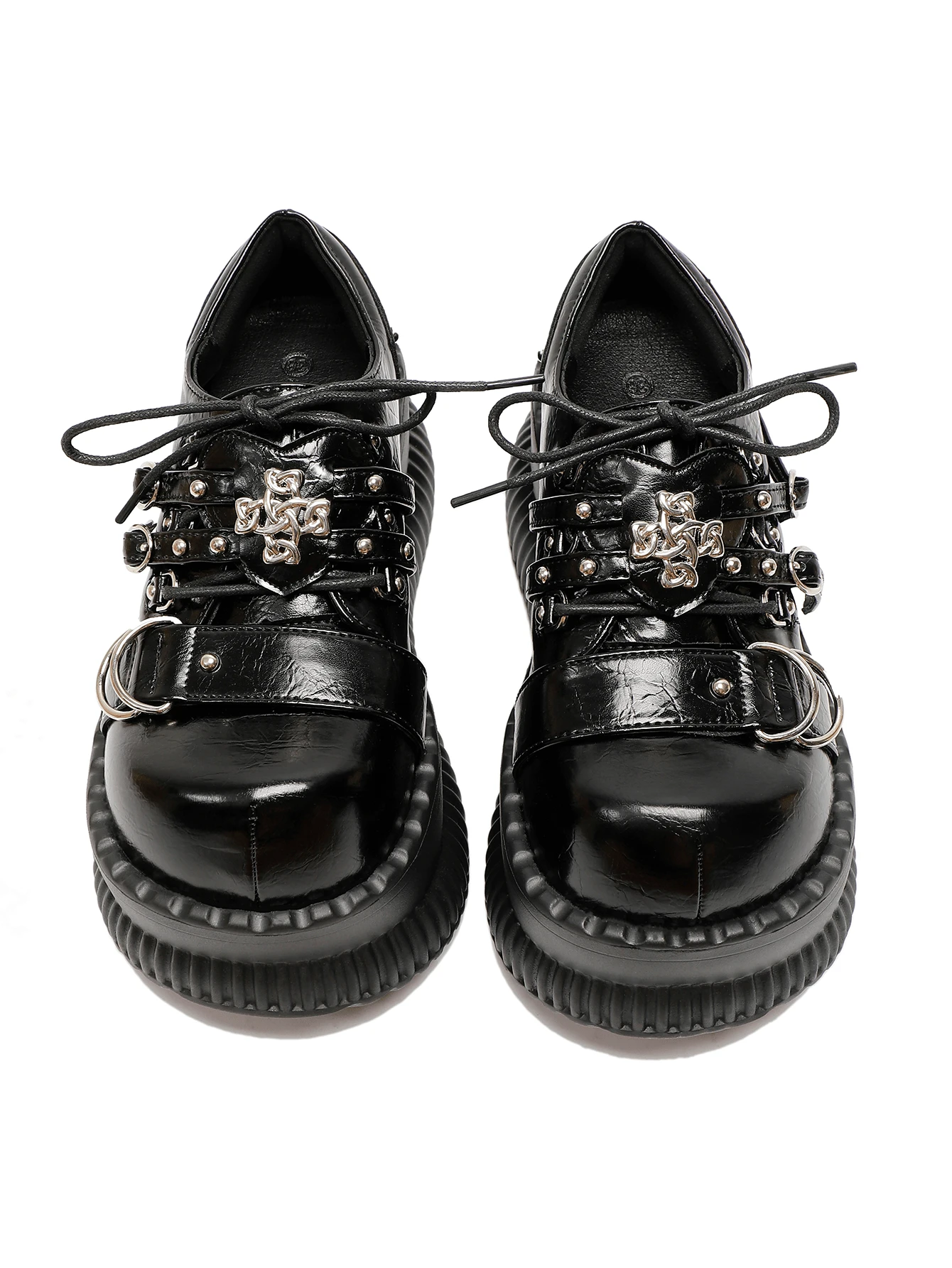 女性十字柳釘裝飾厚底鞋,帶鞋帶扣的y2k亞文化龐克哥德羅莉塔風鞋款 - 黑色 - 查看 1