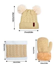 Children's Ages 0-10 Double Ball Fur-Like Rabbit Hair Knitted Set With Thermal Lined And Scarf, 3 Pieces Set For Christmas Gift - Beige - View 5