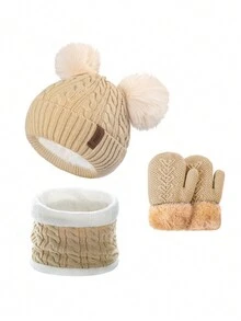 Children's Ages 0-10 Double Ball Fur-Like Rabbit Hair Knitted Set With Thermal Lined And Scarf, 3 Pieces Set For Christmas Gift - Beige - View 3