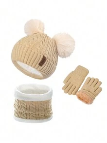 Children's Ages 0-10 Double Ball Fur-Like Rabbit Hair Knitted Set With Thermal Lined And Scarf, 3 Pieces Set For Christmas Gift - Beige - View 2