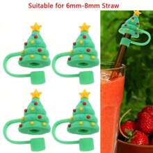 4入組聖誕樹造型8mm矽膠吸管套,卡通吸管防塵塞,水杯配件,聖誕節禮物 - 綠色 - 查看 1