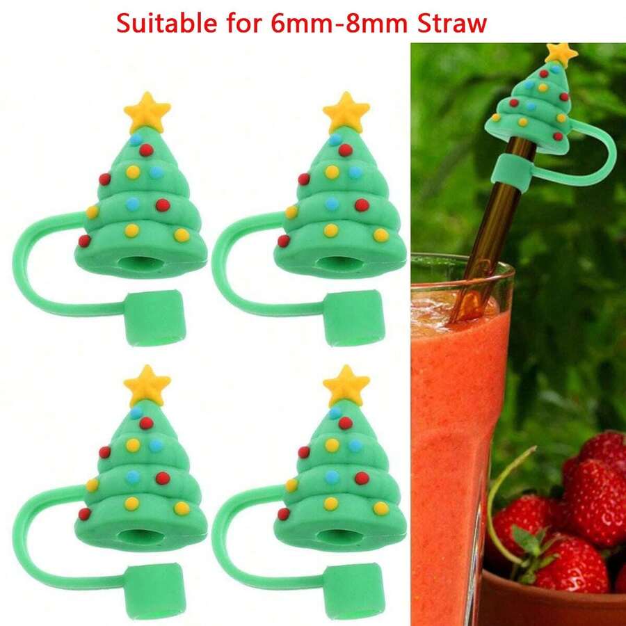 4入組聖誕樹造型8mm矽膠吸管套,卡通吸管防塵塞,水杯配件,聖誕節禮物 - 綠色 - 查看 1