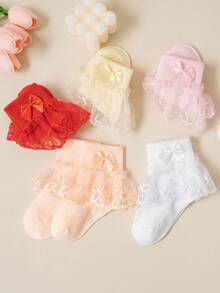 5雙/套可愛蝴蝶結裝飾蕾絲短襪適合日常穿著 - 彩色 - 查看 2