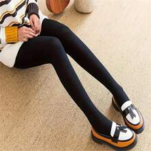 1 件装毛绒内衬紧身裤，不透明高腰保暖弹力紧身裤，女士袜子 - 黑色 - 查看 2