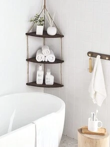 1入創意三層浴室牆掛木製架,帶繩索,適合儲物 - 棕色 - 查看 3