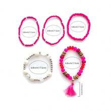 5入組波西米亞風格多元素手鍊,含粉色磁珠、玻璃水晶、亞克力流蘇,適合日常穿戴 - 玫紅色 - 查看 8