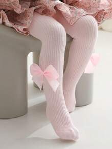 1pc Girls' Pink Basic Leggings With Bowknot Decoration, All Seasons - Pink - View 4