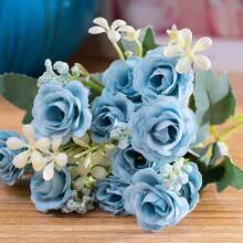 1 Bouquet Of Artificial Roses, 5 Heads And 15 Blooms, Realistic, Beautiful, Romantic, Great For Wedding Decoration, Bride'S Bouquet, Party And Home Decor, Wedding Dress Photography Props - Blue - View 3