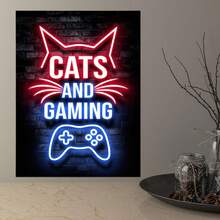 1 Pieza Pintura En Lienzo De Arte, Pintura De Luz De Neón De Un Gato Y Controlador De Juego En Arte De Pared De Lienzo, Pintura De Arte De Pared Para Decoración De Baño, Dormitorio, Oficina, Sala De Estar Y Hogar, Sin Marco - Multicolor - Ver 5