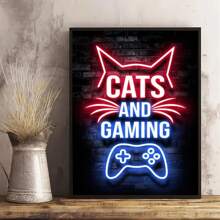 1 Pieza Pintura En Lienzo De Arte, Pintura De Luz De Neón De Un Gato Y Controlador De Juego En Arte De Pared De Lienzo, Pintura De Arte De Pared Para Decoración De Baño, Dormitorio, Oficina, Sala De Estar Y Hogar, Sin Marco - Multicolor - Ver 1