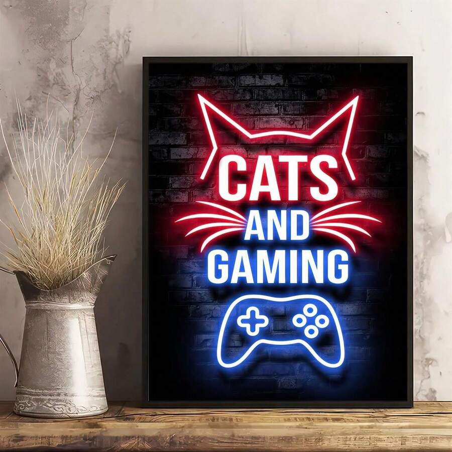 1 Pieza Pintura En Lienzo De Arte, Pintura De Luz De Neón De Un Gato Y Controlador De Juego En Arte De Pared De Lienzo, Pintura De Arte De Pared Para Decoración De Baño, Dormitorio, Oficina, Sala De Estar Y Hogar, Sin Marco - Multicolor - Ver 1