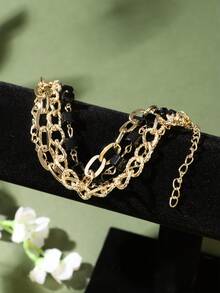 1 件時尚優雅合金黑色方形 4 層手鍊適合女士日常佩戴 - 金色 - 查看 2