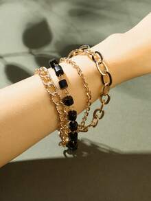 1 件時尚優雅合金黑色方形 4 層手鍊適合女士日常佩戴 - 金色 - 查看 3