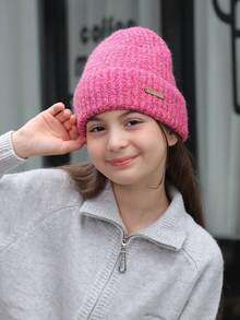 1pc Girls' New Plain Versatile Knit Hat For Autumn And Winter, Warm And Windproof, Sweet And Cute Knit Beanie - Hot Pink - View 3