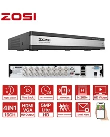 ZOSI H.265+ 16 Channel 1080P Hybrid 4-In-1 DVR Surveillance Recorder, Support Analog/AHD/TVI/CVI 720P/1080P Security Camera, Remote Access, Motion Detection - Black - View 1