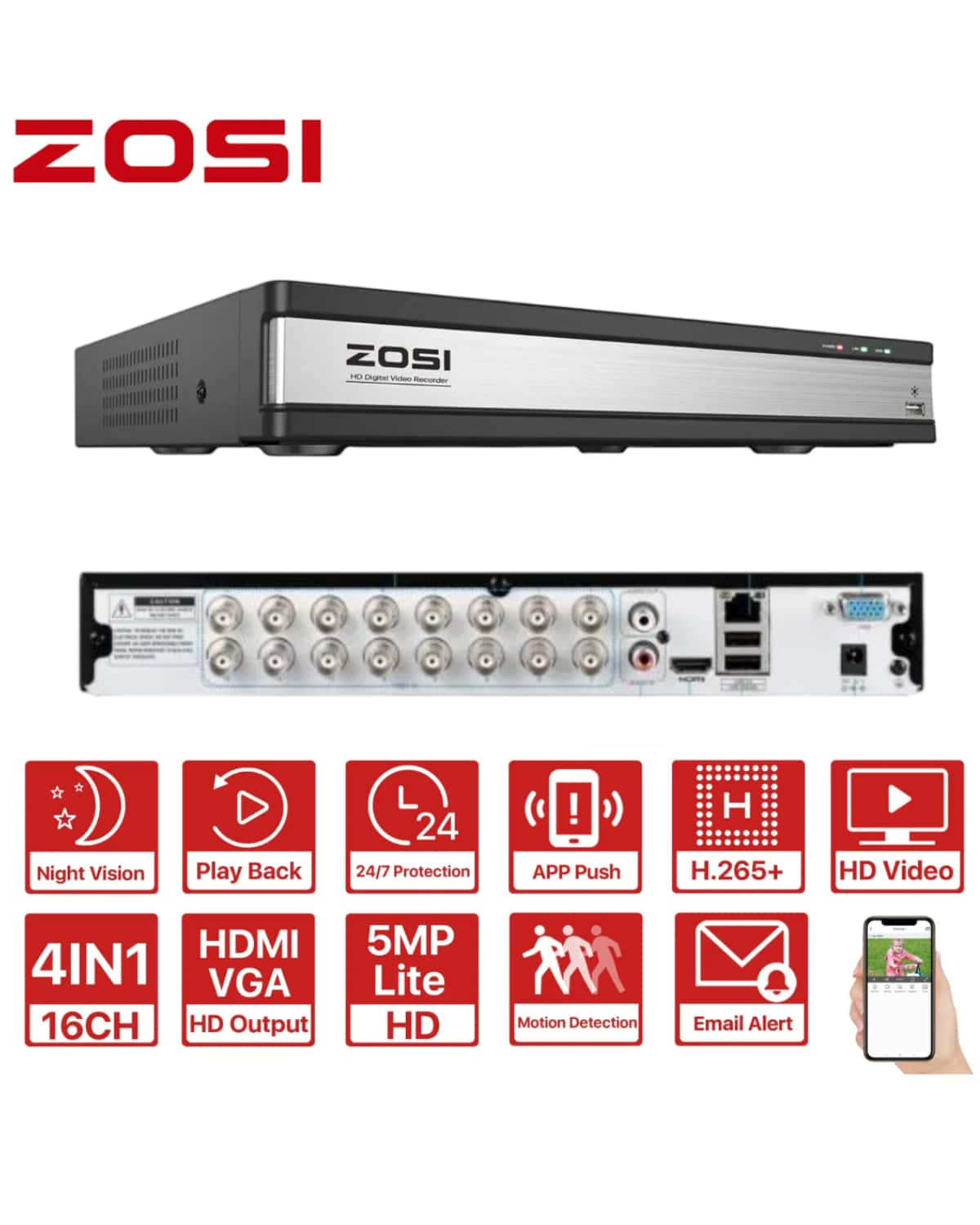 ZOSI H.265+ 16 Channel 1080P Hybrid 4-In-1 DVR Surveillance Recorder, Support Analog/AHD/TVI/CVI 720P/1080P Security Camera, Remote Access, Motion Detection - Black - View 1