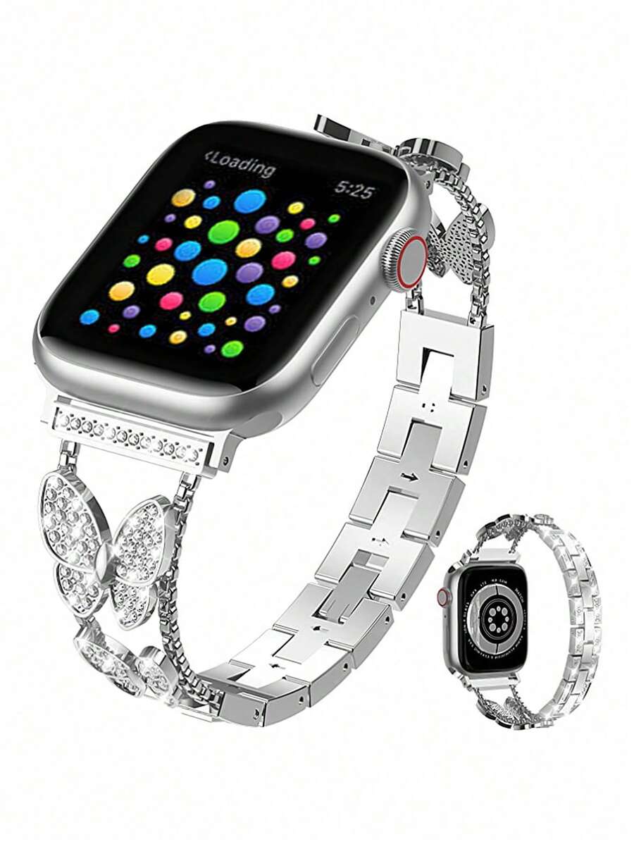 Shiny Rhinestone Butterfly Decor Watch Band Compatible With Apple Watch 38/40/41,42/44/45 - silver-butterfly - View 1