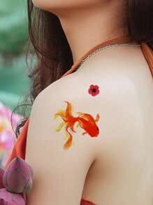 4 Piezas/set Tatuajes Temporales A Prueba De Agua Con Estampado De Pez Dorado, Constelación De Piscis Y Flor - Negro - Ver 2
