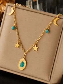 1 條鍍金鈦鋼藍色綠松石配件星月吊墜鏈項鍊 - 彩色 - 查看 1