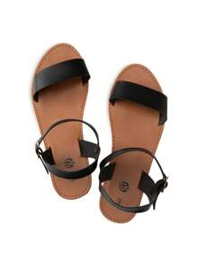 Rekayla Flat Faux Leather Ankle Strap And Adjustable Buckle Sandals For Women - 黑色 - 查看 2