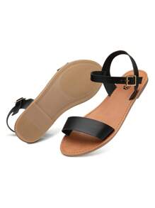 Rekayla Flat Faux Leather Ankle Strap And Adjustable Buckle Sandals For Women - 黑色 - 查看 3