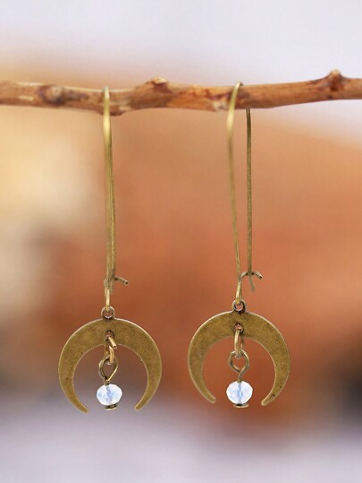1pair Vintage Bohemian Style Distressed Moon Shaped Design Dangle Earrings In Antique Bronze Color, Creative Women's Long Pendant Earrings