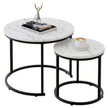Round Nesting Coffee Table Side Table Set of 2 End Tables for Living Room Bedroom Balcony,White Faux Marble Wooden Table 31IN Accent Large Coffee Table with Black Steel Frame - White - View 1