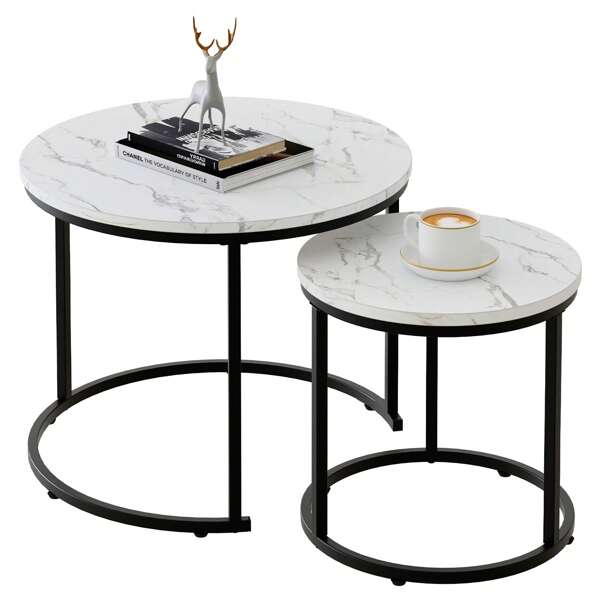 Round Nesting Coffee Table Side Table Set of 2 End Tables for Living Room Bedroom Balcony,White Faux Marble Wooden Table 31IN Accent Large Coffee Table with Black Steel Frame
