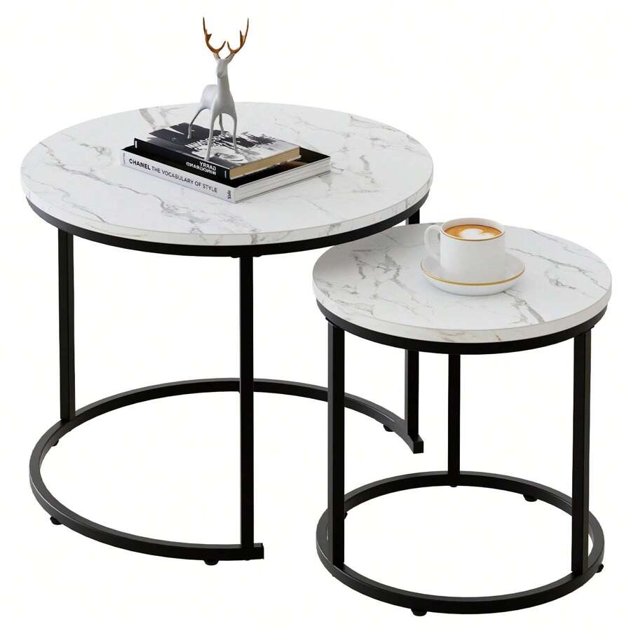 Round Nesting Coffee Table Side Table Set of 2 End Tables for Living Room Bedroom Balcony,White Faux Marble Wooden Table 31IN Accent Large Coffee Table with Black Steel Frame - White - View 1