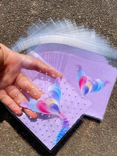 100pcs 5.12inch*3.94inch Purple Opp Gift Bags, Mermaid Tail Pattern Self-Adhesive Square Bags For Gift Wrapping And Decoration Back To School Valentine Day