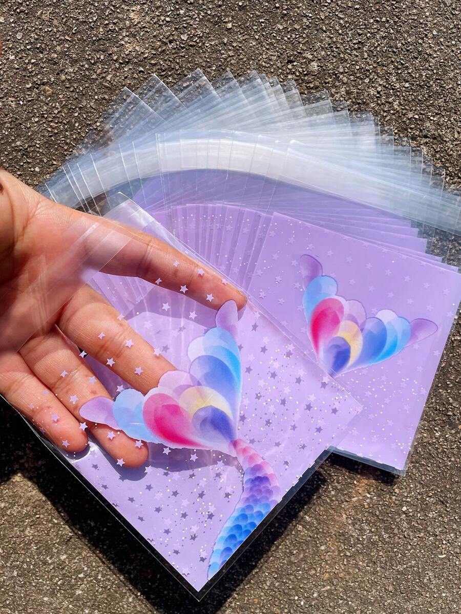 100pcs 5.12inch*3.94inch Purple Opp Gift Bags, Mermaid Tail Pattern Self-Adhesive Square Bags For Gift Wrapping And Decoration Back To School Valentine Day - Purple - View 1