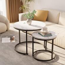 Round Nesting Coffee Table Side Table Set of 2 End Tables for Living Room Bedroom Balcony,White Faux Marble Wooden Table 31IN Accent Large Coffee Table with Black Steel Frame - White - View 2