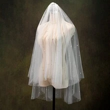 1pc Bridal Veil With Double-Layered Tulle & Faux Pearl Embellishments For Wedding Photoshoot - Beige - View 6