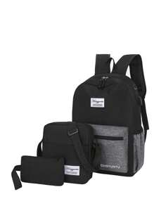 3pcs/set Unisex Color Block Nylon Usb Charging Backpack Set With Multiple Pockets For School And Daily Use - Black - View 1