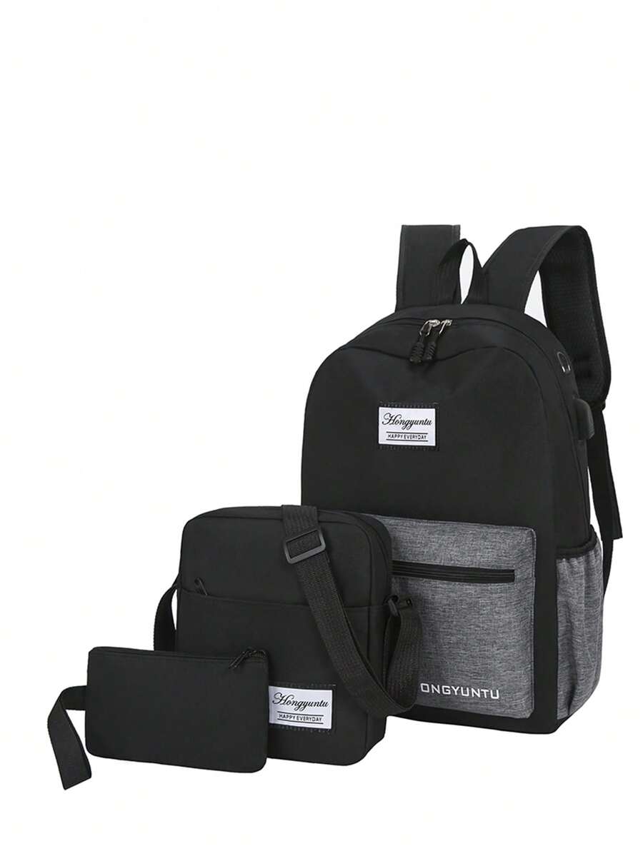 3pcs/set Unisex Color Block Nylon Usb Charging Backpack Set With Multiple Pockets For School And Daily Use - Black - View 1