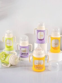 1個帶有矽膠保護套和矽膠奶嘴的嬰兒玻璃奶瓶,適用於0-3個月的寶寶餵養 - 紫色 - 查看 2