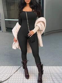 女士瑜伽连体裤健身罗纹长袖运动连体裤 - 黑色 - 查看 3