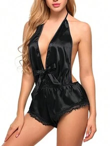 1件女式性感蕾絲連體衣,深v領口,無背心設計,頸後綁帶設計,適用於居家穿著