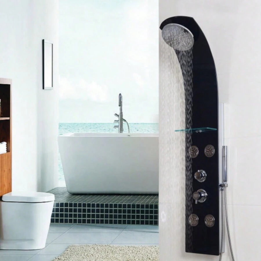 55 Inch Black Rainfall Shower Panel with Massage Jets - Silver - View 1