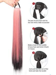 漸層黑粉直鬆馬尾控毛帶拉鬆頭套裝女士熱阻高馬尾假髮 - 彩色 - 查看 3