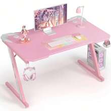 44 Inches Z-Shaped Gaming Desk Carbon Fiber Surface Desk with Cup Holder & Headphone Hook - 粉色 - 查看 3
