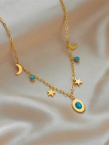 1 條鍍金鈦鋼藍色綠松石配件星月吊墜鏈項鍊 - 彩色 - 查看 2