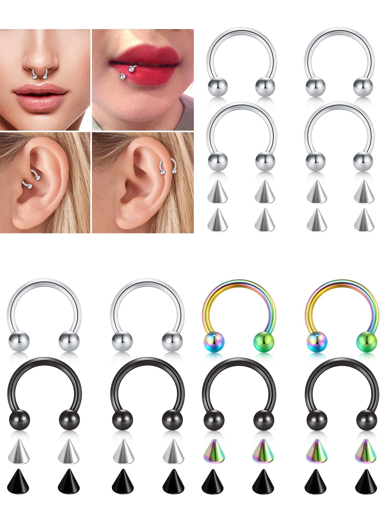 CIZME 4 件马蹄铁环配 8 件替换尖刺 20G 18G 16G 14G 不锈钢鼻中隔马蹄铁环眉毛唇肚脐腹部乳头穿孔环耳轮耳屏耳甲沟耳轮耳环替换尖刺 - 彩色 - 查看 1