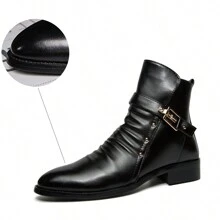 Autumn/winter British Style High Top Leather Men's Boots, Short Tube Boots, Versatile Ankle Boots With Pointy Toe Design - Black - View 1