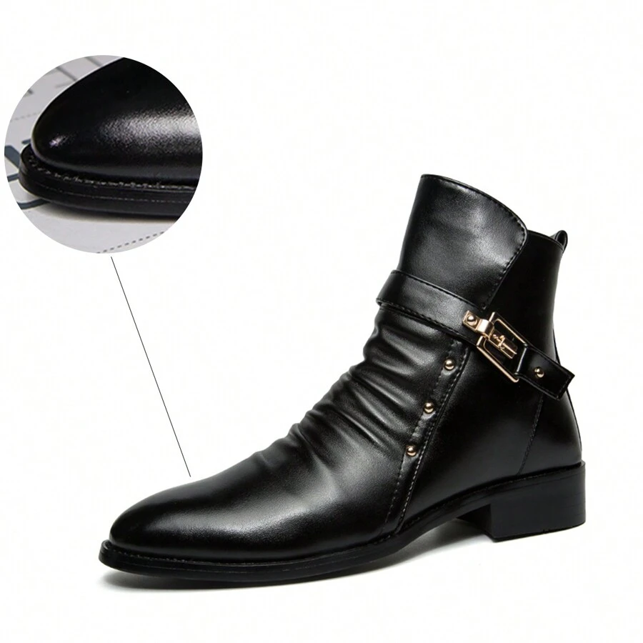 Autumn/winter British Style High Top Leather Men's Boots, Short Tube Boots, Versatile Ankle Boots With Pointy Toe Design - Black - View 1