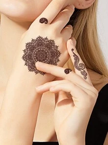 1入組波西米亞風格防水防汗臨時刺青貼紙,適用於時尚人士在手上貼花,帶棕紅色花卉圖案 - 棕色 - 查看 1