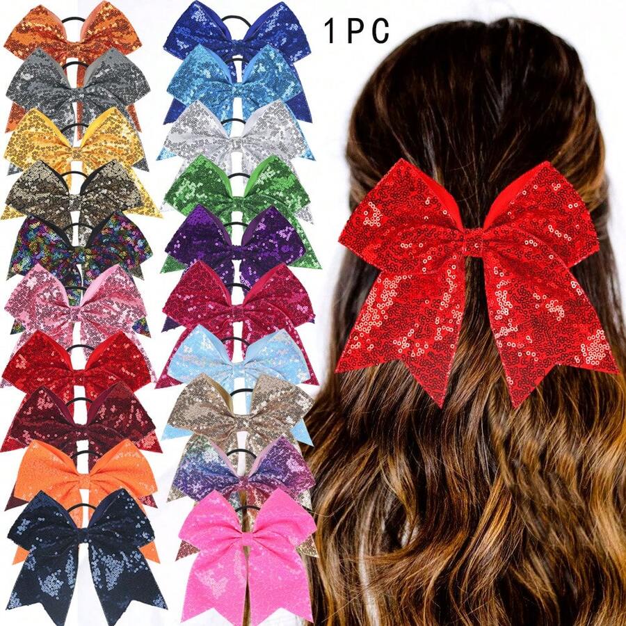1 件可愛彩色亮片蝴蝶結髮繩髮帶頭飾適合女孩假日派對 - 紅色 - 查看 1